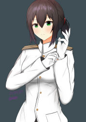 Rule 34 | 1girl, abataa, absurdres, black background, black hair, commentary request, cosplay, epaulettes, female admiral (kancolle), female admiral (kancolle) (cosplay), fubuki (kancolle), gloves, green eyes, highres, kantai collection, long hair, low ponytail, military, military uniform, naval uniform, ponytail, short ponytail, sidelocks, simple background, solo, uniform, upper body, white gloves