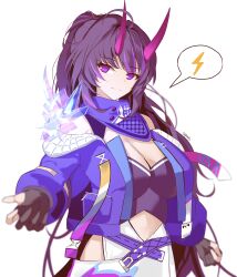 Rule 34 | 1girl, absurdres, ahoge, black gloves, breasts, cleavage, closed mouth, commentary request, gloves, highres, honkai (series), honkai impact 3rd, horns, jacket, long sleeves, medium breasts, multicolored hair, off shoulder, open clothes, open jacket, partially fingerless gloves, ponytail, puffy long sleeves, puffy sleeves, purple eyes, purple hair, purple jacket, raiden mei, raiden mei (herrscher of thunder), signature, simple background, skirt, smile, solo, sparks summer, spoken lightning bolt, streaked hair, white background, white skirt