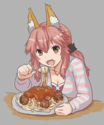 Rule 34 | 1girl, animal ear fluff, animal ears, bad id, black hairband, bra, collarbone, drawfag, eating, fang, fate/extra, fate/extra ccc, fate (series), food, fork, fox ears, fox girl, grey background, hair between eyes, hairband, hood, hoodie, jewelry, meatball, meme, necklace, official alternate costume, open mouth, pasta, pink bra, pink hair, plate, solo, spaghetti, striped clothes, striped hoodie, table, tamamo (fate), tamamo no mae (fate/extra), tamamo no mae (spring casual) (fate), underwear, yellow eyes