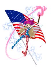 Rule 34 | 1girl, absurdres, american flag, american flag dress, american flag legwear, blonde hair, clownpiece, dress, fairy wings, fire, flag, full body, hat, highres, holding, holding flag, jester cap, long hair, looking at viewer, microdress, neck ruff, nonyama (mudax121), open mouth, pantyhose, purple eyes, short sleeves, simple background, smile, solo, star (symbol), star print, striped, torch, touhou, white background, wings
