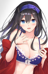 Rule 34 | 1girl, anza tomo, bikini, black hair, blue bikini, blue eyes, blush, breasts, cape, cleavage, collarbone, hair between eyes, hairband, hands on own chest, highres, idolmaster, idolmaster cinderella girls, jewelry, large breasts, long hair, looking at viewer, necklace, red cape, sagisawa fumika, simple background, smile, solo, swimsuit, upper body