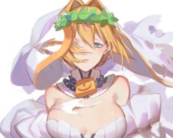 Rule 34 | 10s, bare shoulders, chain, detached collar, eyelashes, fate/extra, fate/extra ccc, fate (series), green eyes, hair intakes, hair over one eye, lock, looking at viewer, nero claudius (bride) (fate), nero claudius (bride) (third ascension) (fate), nero claudius (fate), nero claudius (fate) (all), padlock, parted lips, red cucumber, simple background, solo, torn clothes, veil, white background, wreath