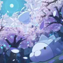 Rule 34 | bug, cherry blossoms, colored skin, creatures (company), dated, evolutionary line, frosmoth, full moon, game freak, gen 8 pokemon, insect, moon, moonlight, moth, nature, night, nintendo, no humans, outdoors, petals, pokemon, pokemon (creature), signature, snom, transparent wings, tree, wataame4907, white skin