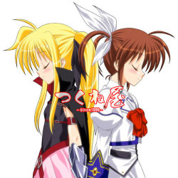 Rule 34 | 00s, 2girls, arm belt, back-to-back, belt, black dress, blonde hair, blush, bodysuit, bow, bowtie, cape, closed eyes, closed mouth, dress, eyebrows, fate testarossa, fate testarossa (lightning form), from side, long sleeves, lyrical nanoha, magical girl, mahou shoujo lyrical nanoha, mahou shoujo lyrical nanoha a&#039;s, multiple girls, red bow, red bowtie, red hair, sidelocks, simple background, smile, takamachi nanoha, takamachi nanoha (sacred mode), twintails, upper body, white background