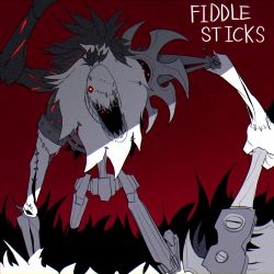 Rule 34 | black background, character name, creature, fiddlesticks, gj gwaeji, highres, holding, holding scythe, league of legends, looking at viewer, open mouth, red background, red eyes, scarecrow, scythe, sharp teeth, teeth