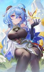 Rule 34 | 1girl, :3, ahoge, bare shoulders, black gloves, black pantyhose, blue hair, blue sky, bodystocking, breasts, commentary request, crystalfly (genshin impact), day, detached sleeves, feet out of frame, flower, ganyu (genshin impact), genshin impact, gloves, grass, hair between eyes, high-waist skirt, highres, horns, kawachi rin, large breasts, long hair, long sleeves, looking at viewer, pantyhose, purple eyes, sitting, skirt, sky, smile, solo, very long hair, white flower, white skirt