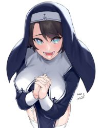 Rule 34 | alternate breast size, blue eyes, blush, breasts, brown hair, cosplay, dasdokter, garter straps, habit, heart, heart-shaped pupils, hololive, houshou marine, houshou marine (cosplay), houshou marine (nun), large breasts, nun, oozora subaru, open mouth, own hands together, pelvic curtain, side slit, symbol-shaped pupils, thighhighs, virtual youtuber, white garter straps, white thighhighs