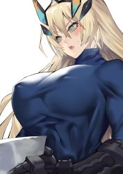 Rule 34 | 1girl, armor, blonde hair, blue shirt, blush, breastplate, breasts, barghest (fate), fate/grand order, fate (series), gauntlets, green eyes, highres, horns, large breasts, long hair, looking to the side, open mouth, rahato, shirt, solo, turtleneck