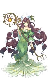 Rule 34 | 1girl, braid, brown hair, dress, fiery hermit of fiore, fiore (sennen sensou aigis), flower, flower necklace, full body, green dress, green eyes, hair flower, hair ornament, highres, holding, holding staff, jewelry, long hair, looking at viewer, necklace, official art, sennen sensou aigis, smile, solo, staff, strapless, strapless dress, transparent background, twin braids, very long hair, zhitian liang