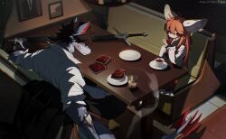 Rule 34 | 1boy, 1girl, animal ear fluff, animal ears, arm tattoo, artist name, blood, blood bag, blood on face, body fur, booth seating, brown hair, chair, closed mouth, collared shirt, cup, dark, drink, drinking blood, fish7163, fox ears, fox girl, full body, furry, furry female, furry male, gauze, grey fur, highres, indoors, long hair, long sleeves, looking at viewer, low ponytail, orange hair, original, plate, pleated skirt, red eyes, red skirt, restaurant, shirt, short hair, short ponytail, sitting, skirt, smoke trail, sword, table, tail, tattoo, weapon, wolf boy, wolf ears