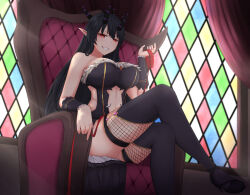 Rule 34 | absurdres, black hair, chair, cloak, collar, commission, commissioner upload, demon girl, demon horns, highres, holding, holding collar, holding leash, horns, kagan luxuriosa, keiizumi, leash, non-web source, on chair, pointy ears, red eyes, sitting, smile, stained glass, thighhighs, vrchat