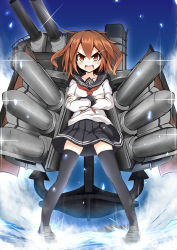 Rule 34 | &gt;:d, 10s, 1girl, :d, anchor, black thighhighs, blush, brown eyes, brown hair, cannon, crossed arms, grin, hair ornament, hairclip, highres, ikazuchi (kancolle), kantai collection, long sleeves, night, open mouth, personification, school uniform, serafuku, short hair, skirt, smile, sukage, thighhighs, torpedo, turret, v-shaped eyebrows, water