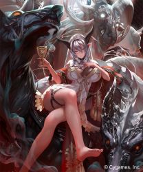Rule 34 | 10s, 1girl, bare legs, barefoot, beast, beast dominator, breasts, choker, cup, cygames, highres, horns, large breasts, long hair, monster, mount, pointy ears, shadowverse, shingeki no bahamut, silver hair, sitting, torn clothes, tsunekun, yellow eyes