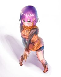 Rule 34 | 1girl, belt, bike shorts, blue eyes, blush, breasts, chrono trigger, closed mouth, glasses, gun, highres, looking at viewer, lucca ashtear, purple hair, scarf, short hair, simple background, solo, weapon, white background