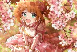 Rule 34 | 1girl, branch, brown hair, cherry blossoms, dress, drill hair, gloves, grass, green eyes, highres, idol clothes, idolmaster, idolmaster (classic), looking at viewer, open mouth, outdoors, pink dress, sitting, smile, solo, takatsuki yayoi, twin drills, yaegashi (yegs1227)