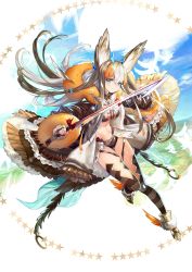 Rule 34 | 1girl, absurdres, animal ears, blue eyes, breasts, brown hair, coat, fur trim, highres, holding, holding sword, holding weapon, long hair, looking at viewer, medium breasts, mizushirazu, multicolored hair, open clothes, open coat, original, personification, solo, striped clothes, striped thighhighs, sword, thighhighs, weapon