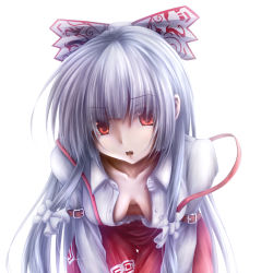 Rule 34 | 1girl, arm belt, bow, breasts, breasts apart, collarbone, downblouse, dress shirt, extended downblouse, fujiwara no mokou, hair bow, hair ribbon, hanging breasts, husky (artist), leaning forward, long hair, long sleeves, looking at viewer, no bra, open mouth, raised eyebrow, red eyes, ribbon, shirt, sidelocks, silver hair, simple background, solo, strap slip, suspenders, touhou, tress ribbon, unbuttoned, white background, white shirt