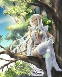 Rule 34 | 1girl, absurdres, branch, breasts, dark-skinned female, dark elf, dark skin, elbow gloves, elf, gloves, highres, long hair, medium breasts, pirotess, pointy ears, record of lodoss war, revealing clothes, sitting on branch, solo, tan, thighhighs, thighs, tree, very long hair, white hair, yellow eyes