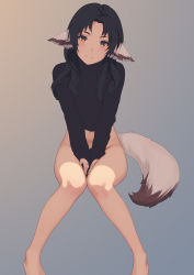 Rule 34 | 1girl, animal ears, aquaplus, barefoot, between legs, black hair, black sweater, blush, bottomless, brown eyes, closed mouth, eruruu, feet out of frame, gradient background, grey background, groin, hand between legs, highres, invisible chair, knees together feet apart, long hair, long sleeves, looking at viewer, miura-n315, parted bangs, sitting, sleeves past wrists, smile, solo, sweater, tail, utawarerumono