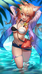 1girl :d animal_ear_fluff animal_ears arms_behind_head bikini blue_shorts blue_sky breasts cat_ears cat_tail commentary_request duplicate hair_between_eyes highres looking_at_viewer medium_breasts mismatched_bikini mitake_eil open_clothes open_mouth open_shirt open_shorts orange_eyes orange_hair original outdoors palm_tree partially_submerged purple_shirt shirt short_shorts shorts sky smile solo standing swimsuit tail thighs tree wet