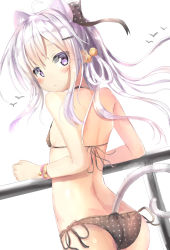 Rule 34 | 1girl, :&lt;, ahoge, animal ears, ass, back, bad id, bad pixiv id, bare back, bell, bikini, black bikini, blush, bow, bracelet, cat ears, cat tail, clenched hand, fence, flat chest, from behind, hair bell, hair bow, hair ornament, hair rings, hairclip, halterneck, highres, jewelry, jingle bell, long hair, looking at viewer, looking back, natuna natu, original, polka dot, polka dot bikini, polka dot bow, purple eyes, side-tie bikini bottom, simple background, solo, swimsuit, tail, white background, white hair