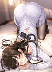 Rule 34 | 1girl, ass, black pantyhose, blush, breasts, brown eyes, brown hair, dress, hayakawa akari, indoors, jewelry, large breasts, lens flare, licking lips, light particles, long hair, looking at viewer, multiple rings, on bed, original, pantyhose, purple sweater, ring, sidelocks, solo, sweat, sweater, sweater dress, tongue, tongue out, top-down bottom-up, wedding ring