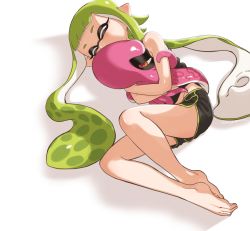 Rule 34 | 1girl, animal, artist name, barefoot, black shirt, black shorts, blunt bangs, closed eyes, commentary, dated, dolphin shorts, fetal position, green hair, holding, holding animal, inkling, inkling girl, inkling player character, long hair, looking at viewer, looking back, lying, mask, nintendo, octoling, octoling player character, octopus, on side, pointy ears, shirt, short shorts, shorts, signature, simple background, sleeping, splatoon (series), tank top, tentacle hair, white background, yeneny