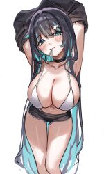 Rule 34 | 1girl, :3, absurdres, aqua eyes, aqua hair, armpits, arms behind head, arms up, bikini, black choker, black hair, black shirt, black shorts, breasts, choker, cleavage, collarbone, colored inner hair, commission, dolphin shorts, feet out of frame, hair ornament, hairclip, highres, large breasts, legs, lifted by self, long hair, looking at viewer, micro shorts, mouth hold, multicolored hair, naughty face, navel, original, raki kr, shirt, shorts, simple background, skindentation, smile, solo, sparkling eyes, standing, stomach, streaked hair, string bikini, swimsuit, thighs, undressing, untied bikini, very long hair, white background, white bikini