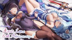 Rule 34 | 2girls, anniversary, artist name, azur lane, black garter straps, black headwear, blue choker, blue dress, blue eyes, blue flower, blue hair, blue rose, breasts, bridal gauntlets, brown thighhighs, cheshire (azur lane), cheshire (cait sith crooner) (azur lane), china dress, chinese clothes, choker, cleavage, dress, elbow gloves, english text, feather boa, fedora, flower, garter straps, gloves, hair net, hair ornament, halter dress, halterneck, hat, hat flower, holding hands, large breasts, long hair, looking at viewer, makihige, medium hair, multicolored hair, multiple girls, nail polish, neptune (azur lane), neptune (nereid&#039;s invitation) (azur lane), official alternate costume, open mouth, panties, polearm, purple dress, purple gloves, purple hair, rose, see-through, see-through cleavage, short dress, single bridal gauntlet, streaked hair, string panties, taut clothes, taut dress, thighhighs, trident, two-tone dress, underwear, very long hair, weapon, white dress, yellow eyes