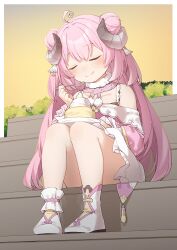 Rule 34 | 1girl, absurdres, ahoge, bare shoulders, boots, closed eyes, closed mouth, commentary request, commission, double bun, eating, facing viewer, fork, frilled skirt, frills, hair bun, highres, holding, holding fork, horns, long hair, off-shoulder shirt, off shoulder, original, pink hair, pink shirt, second-party source, shirt, sitting, sitting on stairs, skirt, smile, solo, stairs, very long hair, white footwear, white skirt, yukie (kusaka shi)