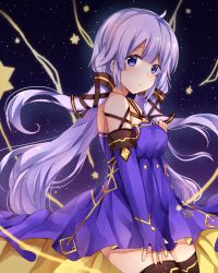 Rule 34 | 1girl, ahoge, azur lane, bad id, bad pixiv id, black thighhighs, commentary request, detached sleeves, dress, hair tubes, long hair, looking at viewer, low twintails, night, night sky, parted lips, purple dress, purple eyes, purple hair, shikino (sikinonono), sky, solo, star (sky), starry sky, thighhighs, twintails, unicorn (azur lane), unicorn (little star songstress) (azur lane), vocaloid, zettai ryouiki