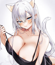 Rule 34 | 1girl, animal ear fluff, animal ears, areola slip, bare shoulders, black camisole, blue eyes, blush, breasts, camisole, cat ears, cat girl, cat tail, cleavage, closed mouth, heart, heart-shaped pupils, highres, holding, holding hair, large breasts, long hair, looking at viewer, nipple slip, nipples, norisukexxy, original, simple background, spaghetti strap, strap pull, symbol-shaped pupils, tail, tail raised, upper body, very long hair, white background, white hair