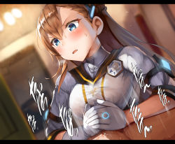 Rule 34 | 1boy, 1girl, armlet, asymmetrical gloves, bad id, bad pixiv id, badge, belko, blue eyes, blush, braid, breasts, breasts squeezed together, brown hair, gloves, grey shirt, hair between eyes, hair ornament, hetero, highres, large breasts, long hair, open mouth, paizuri, paizuri under clothes, phantom of the kill, shirt, side braid, solo focus, solomon (phantom of the kill), sweat, uneven gloves