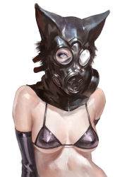 Rule 34 | 1girl, animal ears, arm at side, bikini, black bikini, black hair, breasts, cat ears, covered erect nipples, covered mouth, eyelashes, gas mask, grey eyes, lie-on, looking at viewer, mask, one eye covered, original, short hair, shuichi wada, simple background, sketch, solo, strap gap, swimsuit, underboob, upper body, white background, zipper