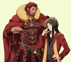 Rule 34 | 2boys, aged up, armor, beard, black hair, cape, dotted line, facial hair, fate/zero, fate (series), headpat, iskandar (fate), long coat, long hair, lord el-melloi ii, male focus, multiple boys, parted bangs, red eyes, red hair, scarf, short hair, spoilers, time paradox, waver velvet, wince, yun (neo)