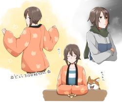 Rule 34 | 1girl, black shirt, blue shirt, blush, brown eyes, brown hair, casual, closed eyes, closed mouth, cloud, cloudy sky, commentary, dog, dotera (clothes), food, from behind, fruit, girls und panzer, grey jacket, jacket, japanese clothes, light blush, light frown, long sleeves, looking back, multiple views, nishizumi maho, orange (fruit), orange jacket, outdoors, shiba inu, shirt, short hair, sitting, sky, standing, translated, wide sleeves, winter clothes, yuuhi (arcadia)