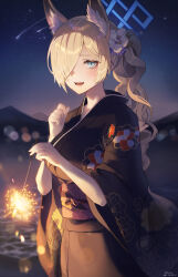 Rule 34 | 1girl, absurdres, animal ear fluff, animal ears, black kimono, blonde hair, blue archive, blue eyes, blue halo, dated, extra ears, hair over one eye, halo, highres, holding fireworks, japanese clothes, kanna (blue archive), kimono, long hair, long sleeves, m0 0m c, obi, sash, solo, twitter username, wide sleeves