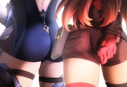 Rule 34 | 2girls, amber (genshin impact), ass, belt, brown hair, close-up, eula (genshin impact), from behind, genshin impact, gloves, highres, leotard, lower body, maxwell manzoku, multiple girls, pouch, short shorts, shorts, simple background, skindentation, thigh strap, thighhighs, thighs, white background