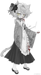 Rule 34 | 1girl, absurdres, animal ears, apron, black flower, black rose, blood, blood on cheek, blood on clothes, blood on face, blood on hands, cat ears, cat girl, cat tail, commission, flower, frilled apron, frills, full body, glasses, grey hair, hair flower, hair ornament, highres, maid apron, maid headdress, meyou 0319, monochrome, open mouth, original, rose, slippers, smile, solo, standing, tail, yellow eyes