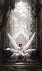 Rule 34 | 1girl, absurdres, ahoge, angel, bare legs, barefoot, choker, collarbone, commentary, dark, dress, eyebrows hidden by hair, feathered wings, hair between eyes, halo, hands on lap, highres, iotaone, long dress, long hair, looking at viewer, multiple wings, original, own hands together, pillar, red choker, red hair, sitting, solo, stairs, throne, twintails, white dress, white eyes, white wings, window, wings