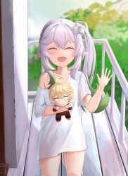 Rule 34 | 1girl, :d, ^ ^, aether (genshin impact), alternate costume, blurry, character doll, closed eyes, collarbone, commentary request, contemporary, depth of field, hugging doll, flower, genshin impact, gradient hair, grey hair, hair between eyes, hair flower, hair ornament, highres, long hair, looking at viewer, mockingeu, multicolored hair, nahida (genshin impact), hugging object, open mouth, oversized clothes, oversized shirt, shirt, short sleeves, side ponytail, sidelocks, smile, solo, waving, white shirt