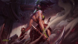 Rule 34 | 1girl, akali, arm tattoo, back, back tattoo, bare shoulders, black hair, breasts, copyright name, dagger, dragon tattoo, from behind, highres, hip vent, holding, holding weapon, knife, league of legends, long hair, looking at viewer, looking back, mask, official art, ponytail, rope belt, sickle, smoke, solo, standing, tattoo, weapon