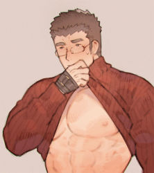Rule 34 | 1boy, abs, alternate costume, bad id, bad pixiv id, bara, bare pectorals, black hair, brown hair, chataro1412, clothes lift, glasses, large pectorals, lifting own clothes, looking away, male focus, muscular, muscular male, nipples, pectorals, red sweater, rimless eyewear, motoori shiro, shirt lift, short hair, solo, stomach, sweatdrop, sweater, thick eyebrows, tokyo houkago summoners, upper body