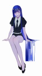Rule 34 | 1other, absurdly long hair, absurdres, belt, blue eyes, blue hair, blunt bangs, collared shirt, colored skin, gem uniform (houseki no kuni), hand rest, high heels, highres, hime cut, houseki no kuni, lapis lazuli (houseki no kuni), long hair, looking at viewer, necktie, other focus, puffy short sleeves, puffy sleeves, shirt, shoes, short jumpsuit, short shorts, short sleeves, shorts, sidelocks, simple background, sitting, smile, solo, straight hair, very long hair, white background, white belt, white shirt, white skin, wide-eyed, wing collar, xiaojiu639
