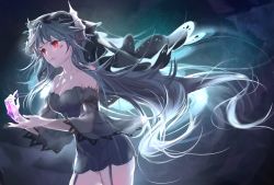 Rule 34 | 1girl, bare shoulders, breasts, cleavage, closed mouth, collarbone, garter straps, grey hair, highres, jewelry, long hair, looking away, medium breasts, necklace, original, pixiv fantasia, pixiv fantasia revenge of the darkness, qidai, red eyes, solo, standing, very long hair