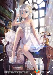 Rule 34 | 1girl, :d, blue eyes, bookshelf, bow, chair, curtains, desk, dress, feet, floral print, flower, hair bow, high heels, ice (ice aptx), indoors, knife, long hair, looking at viewer, official art, open mouth, toeless footwear, petals, phone, qurare magic library, rose, sandals, shoes, silver hair, sitting, sitting backwards, smile, solo, toes, white dress, white footwear, white rose, window