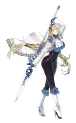 Rule 34 | 1girl, blonde hair, bloodstained: curse of the moon 2, bloodstained (series), boots, covered navel, dominique (bloodstained), frilled sleeves, frills, full body, glasses, hair over one eye, hat, high heel boots, high heels, highres, long hair, looking at viewer, natsume yuji, official art, parted lips, polearm, simple background, solo, spear, very long hair, weapon, white footwear