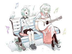 Rule 34 | 2girls, ^ ^, antennae, asutora, beamed eighth notes, bench, bird, black cape, black footwear, black legwear, black shorts, blush, breasts, cape, clenched hand, closed eyes, commentary request, eighth note, closed eyes, full body, grass, green hair, guitar, hand up, high heels, holding, holding instrument, instrument, kazami yuuka, large breasts, crossed legs, loafers, long skirt, long sleeves, multiple girls, music, musical note, open mouth, pantyhose, plaid, plaid skirt, plaid vest, red skirt, red vest, shadow, shirt, shoes, short hair, shorts, simple background, singing, sitting, skirt, skirt set, smile, socks, touhou, vest, white background, white legwear, white shirt, wriggle nightbug