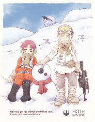 Rule 34 | 2girls, ^ ^, animification, bb-8, beige gloves, closed eyes, commentary, energy gun, english commentary, goggles, goggles on headwear, gun, holding, holding gun, holding weapon, hoth, multiple girls, nosh, parted bangs, pilot suit, purple hair, rebel pilot, red scarf, scarf, short hair, sitting, smile, snow, snowman, star wars, star wars: the empire strikes back, star wars: the force awakens, turret, weapon