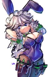 Rule 34 | arms behind head, blue eyes, breasts, cleavage, emerald kitty, expressionless, grey hair, highres, izayoi sakuya, large breasts, leotard, looking at viewer, maid, playboy bunny, touhou